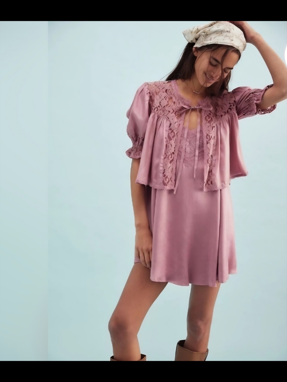 Free People Dusty Rose Satin Lace Nostalgia Chemise with Cropped Bolero